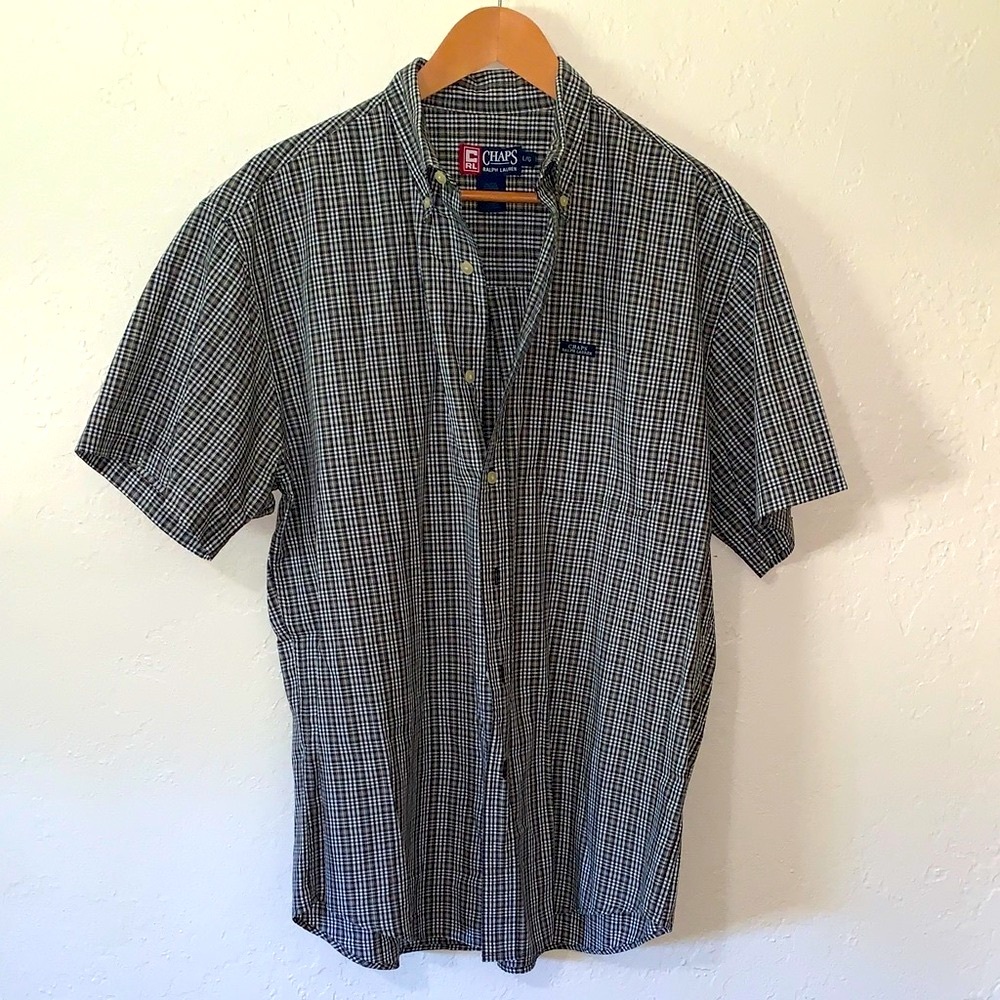 Vintage 90s Chaps Ralph Lauren Gingham Shirt Mens Black White Tan L Short Sleeve